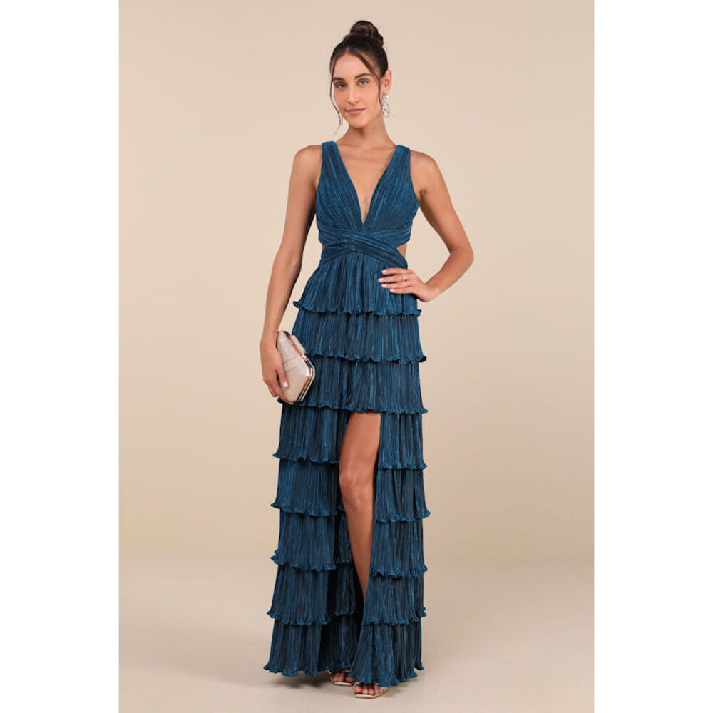 Lulus Beauty Icon Dark Teal Satin Pleated Tiered Lace-up Maxi Dress Blue
